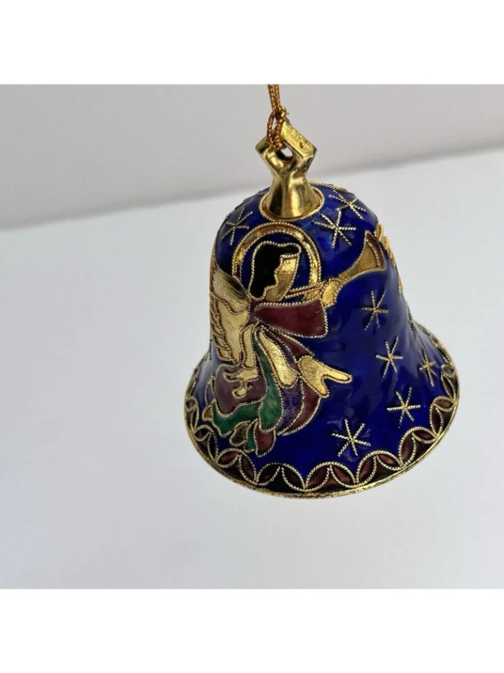 Vintage Enamel Cloisonne Bell Ornament Angel Blue Goldtone Collectible Christmas